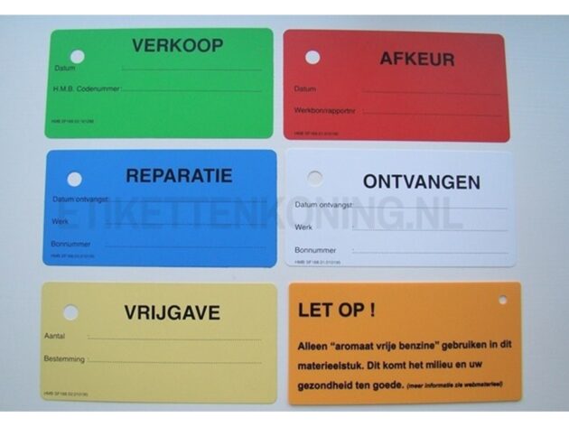 Gekleurde kunststof kaartjes voor verkoop, afkeur, reparatie, ontvangst en vrijgave van goederen